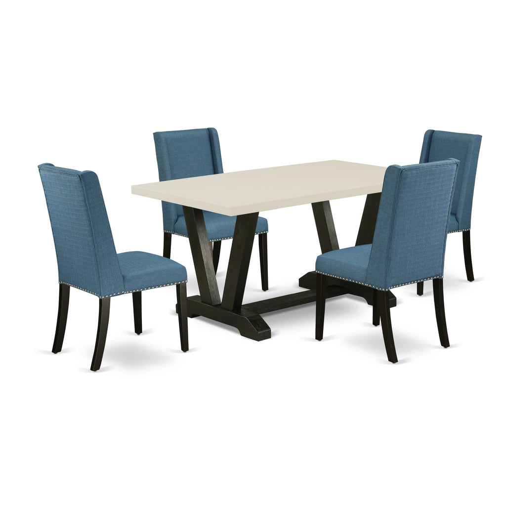 East West Furniture V626FL121-5 5-Piece Stylish Dinette Set an Excellent Linen White dining table Top and 4 Excellent Linen Fabric Dining Chairs with Nail Heads and Stylish Chair Back, Wire Brushed Black Finish