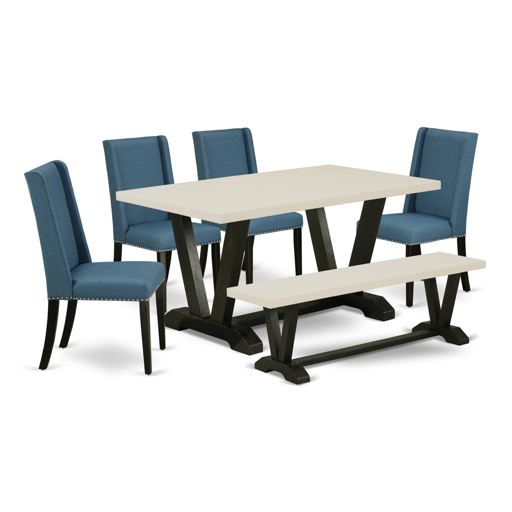 East West Furniture V626FL121-6 6-Piece Stylish Dining Set a Superb Linen White Wood Table Top and Linen White Wooden Bench and 4 Stunning Linen Fabric Dining Chairs with Nail Heads and Stylish Chair Back, Wire Brushed Black Finish