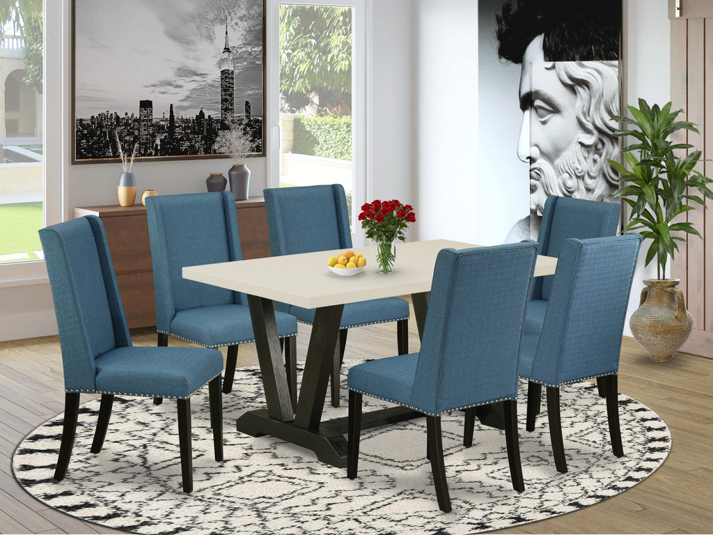 East West Furniture V626FL121-7 7-Piece Modern an Outstanding Linen White Rectangular Dining Table Top and 6 Stunning Linen Fabric Kitchen Parson Chairs with Nail Heads and Stylish Chair Back, Wire Brushed Black Finish