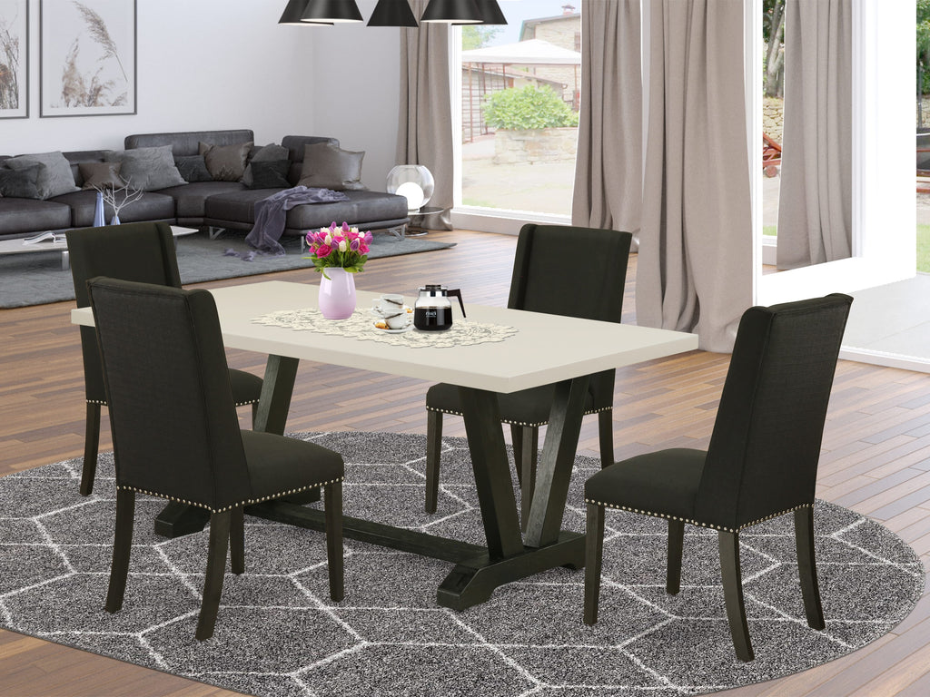 East West Furniture V626FL624-5 5-Piece Included 4 Kitchen Dining chairs Upholstered Nails Head Seat and Stylish Chair Back and rectangular dining Dining Table with Linen White Rectangular Dining Table Top - Black Finish