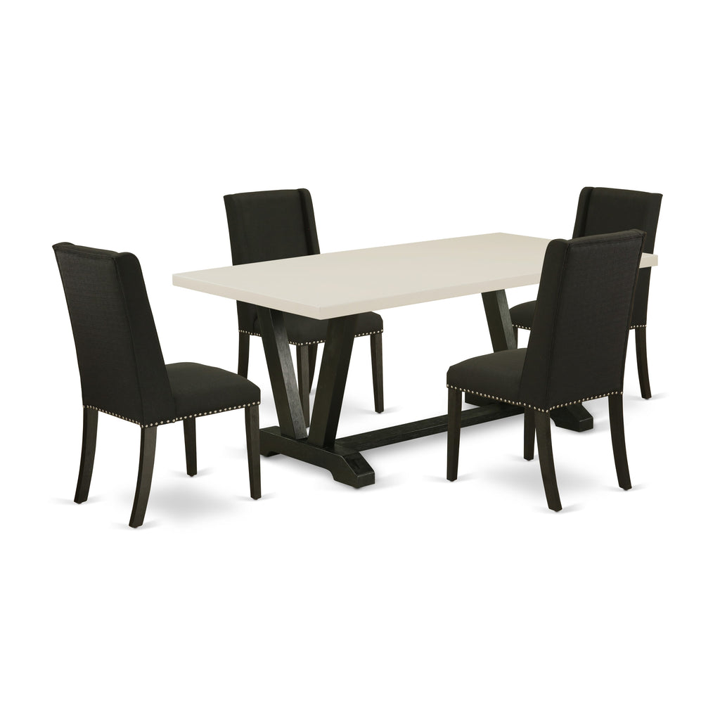 East West Furniture V626FL624-5 5-Piece Included 4 Kitchen Dining chairs Upholstered Nails Head Seat and Stylish Chair Back and rectangular dining Dining Table with Linen White Rectangular Dining Table Top - Black Finish