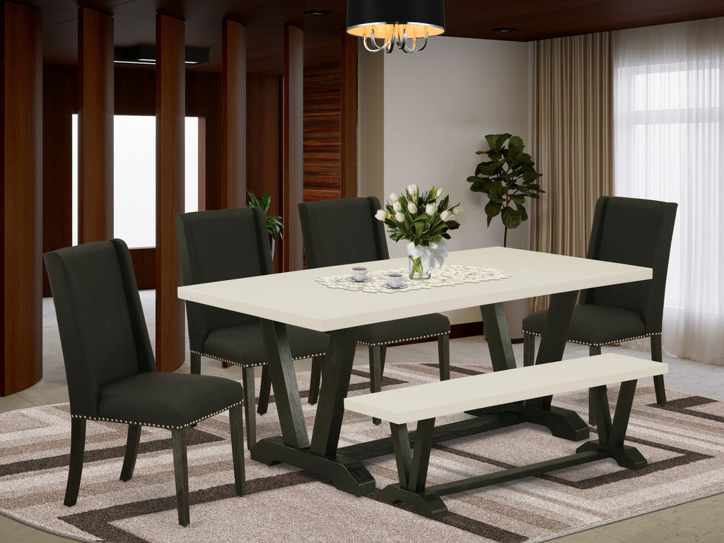 East West Furniture V626FL624-6 6-Piece Mid Century Dining Table Set-Black Linen Fabric Seat and Parson Dining chairs, A Rectangular Bench and Rectangular Top Kitchen Table with Solid Wood Legs - Linen White and Wire brushed Black Finish