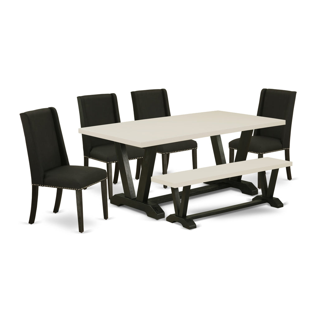 East West Furniture V626FL624-6 6-Piece Mid Century Dining Table Set-Black Linen Fabric Seat and Parson Dining chairs, A Rectangular Bench and Rectangular Top Kitchen Table with Solid Wood Legs - Linen White and Wire brushed Black Finish