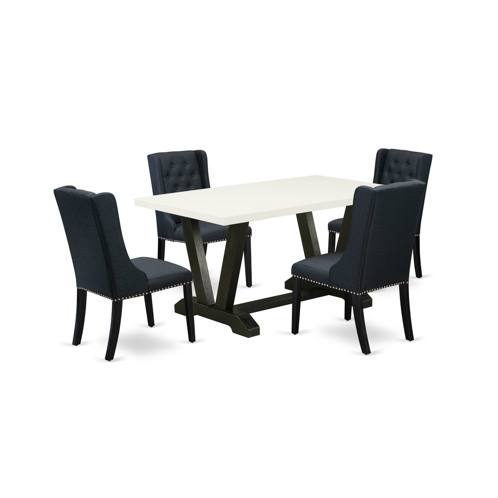 East West Furniture V626FO624-5 5 Piece Dining Room Table Set Includes a Rectangle Dining Table with V-Legs and 4 Black Linen Fabric Upholstered Parson Chairs, 36x60 Inch, Multi-Color