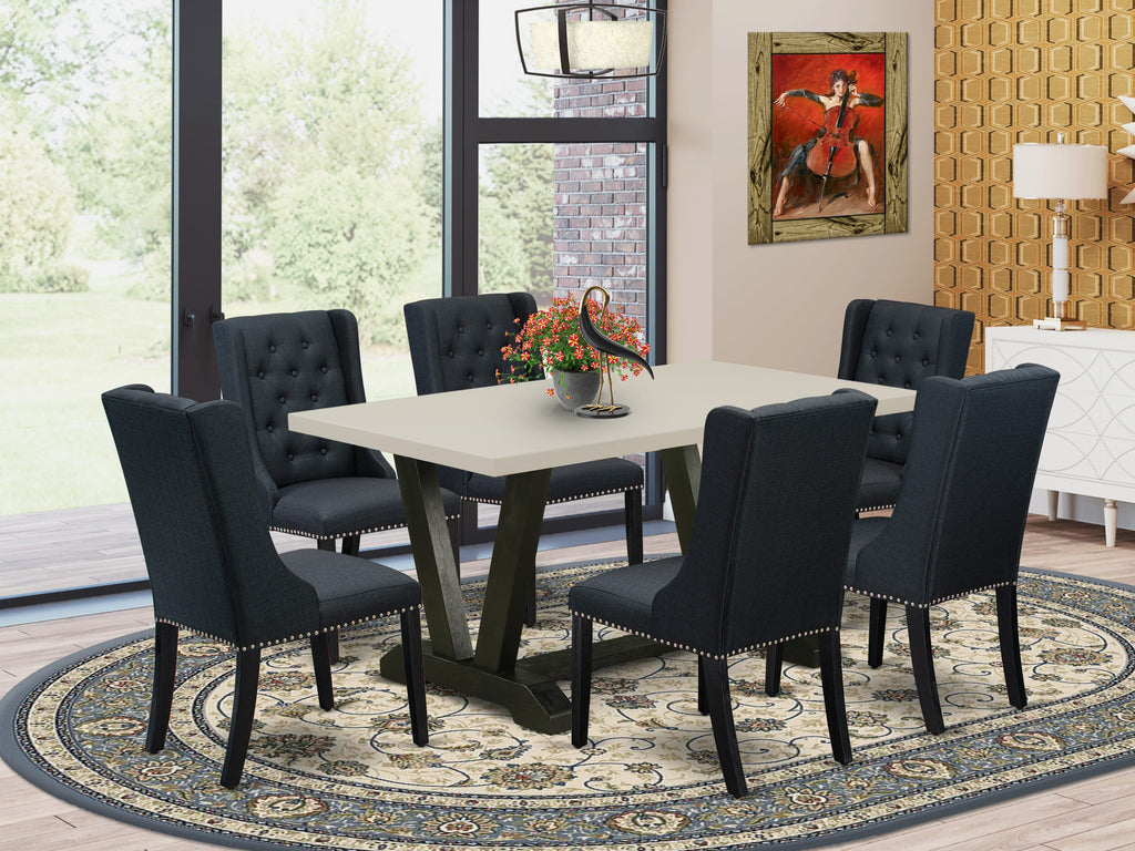 East West Furniture V626FO624-7 7 Piece Dining Room Furniture Set Consist of a Rectangle Dining Table with V-Legs and 6 Black Linen Fabric Upholstered Chairs, 36x60 Inch, Multi-Color