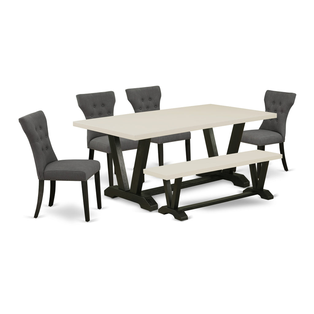 East West Furniture V626GA650-6 6-Pc -Dark Gotham Grey Linen Fabric Seat and Button Tufted Chair Back Kitchen chairs, A Rectangular Bench and Rectangular Top Modern Dining Table with Wooden Legs - Linen White and Wire brushed Black Finish