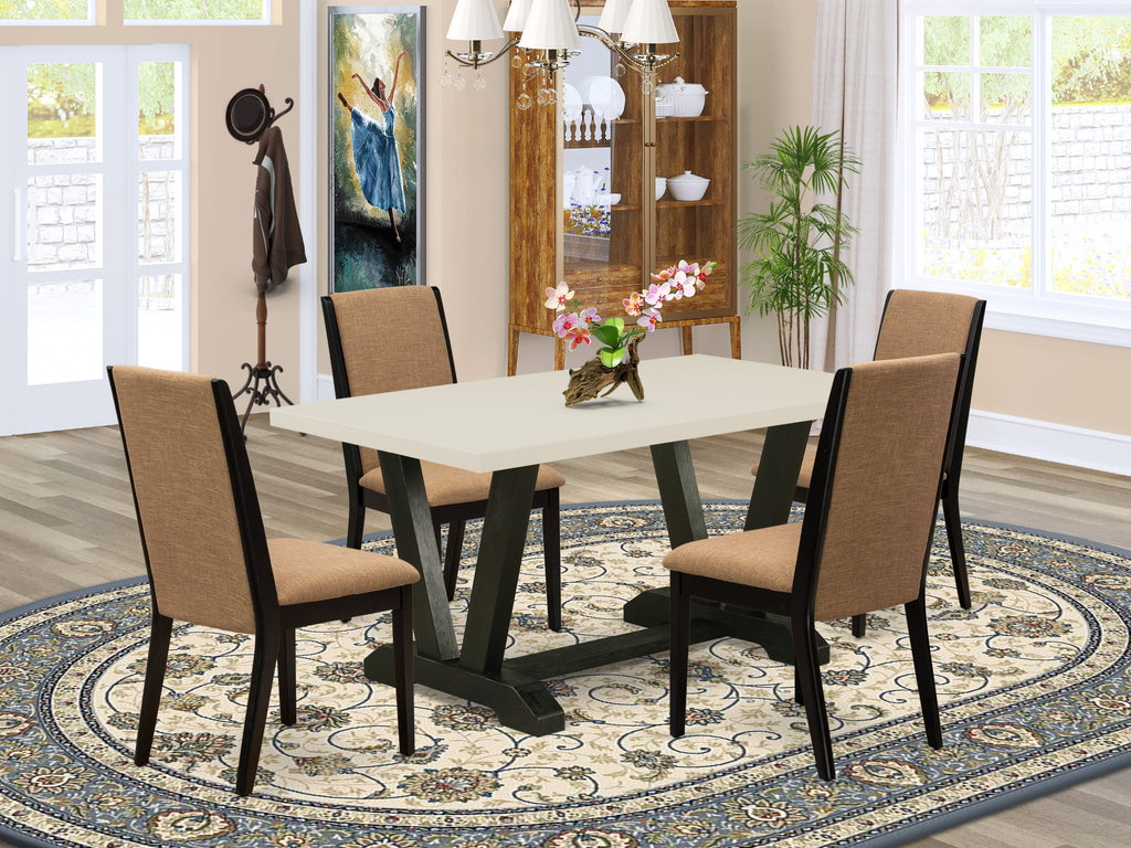 East West Furniture V626LA147-5 5-Piece Fashionable Dining Room Set a Good Linen White Wood Table Top and 4 Stunning Linen Fabric Kitchen Chairs with Stylish Chair Back, Wire Brushed Black Finish