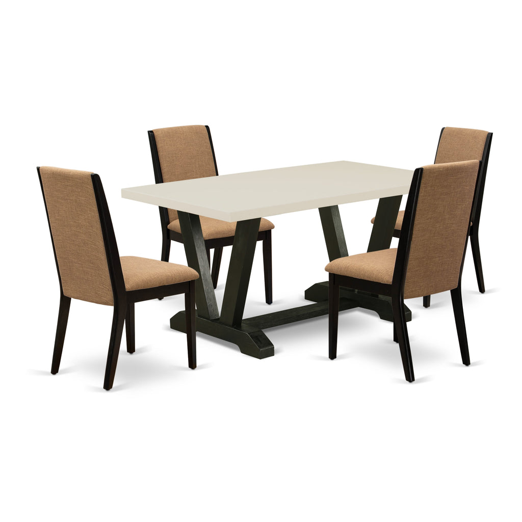 East West Furniture V626LA147-5 5-Piece Fashionable Dining Room Set a Good Linen White Wood Table Top and 4 Stunning Linen Fabric Kitchen Chairs with Stylish Chair Back, Wire Brushed Black Finish