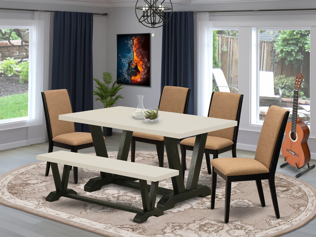 East West Furniture V626LA147-6 6-Piece Gorgeous Dining Table Set a Good Light Sable Dining Room Table Top and Light Sable Dining Bench and 4 Wonderful Linen Fabric Padded Chairs with Stylish Chair Back, Wire Brushed Black Finish