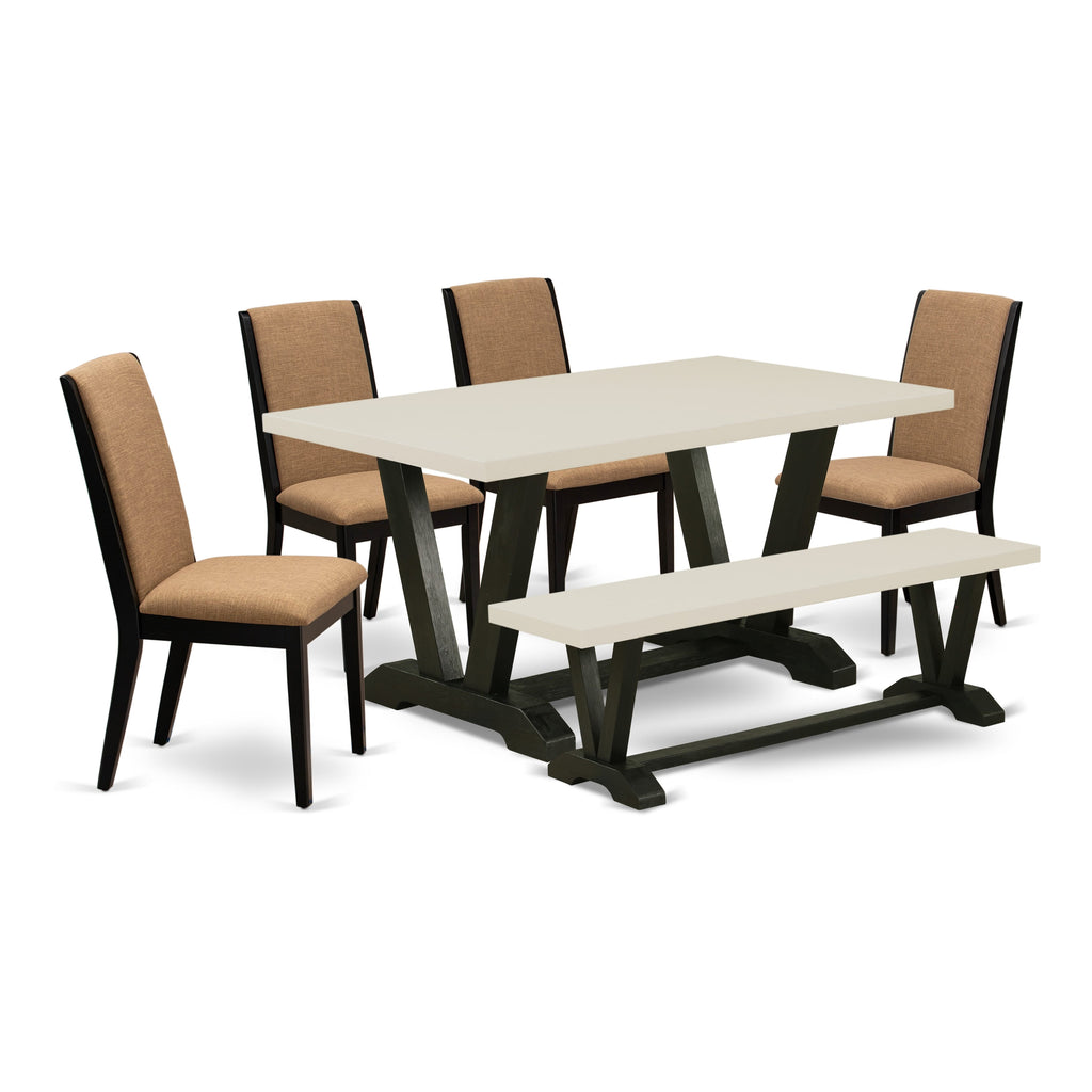 East West Furniture V626LA147-6 6-Piece Gorgeous Dining Table Set a Good Light Sable Dining Room Table Top and Light Sable Dining Bench and 4 Wonderful Linen Fabric Padded Chairs with Stylish Chair Back, Wire Brushed Black Finish