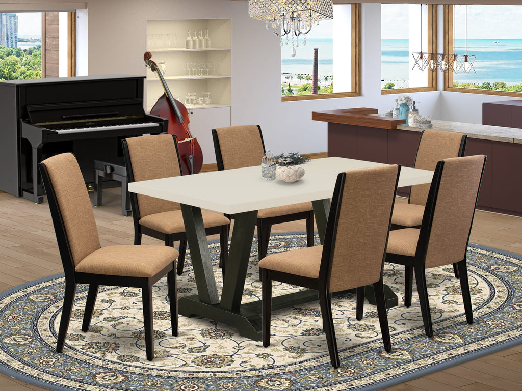 East West Furniture V626LA147-7 7-Piece Amazing Dining Table Set a Great Linen White Kitchen Rectangular Table Top and 6 Stunning Linen Fabric Dining Chairs with Stylish Chair Back, Wire Brushed Black Finish