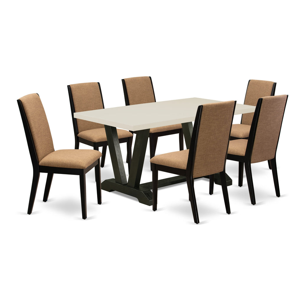 East West Furniture V626LA147-7 7-Piece Amazing Dining Table Set a Great Linen White Kitchen Rectangular Table Top and 6 Stunning Linen Fabric Dining Chairs with Stylish Chair Back, Wire Brushed Black Finish