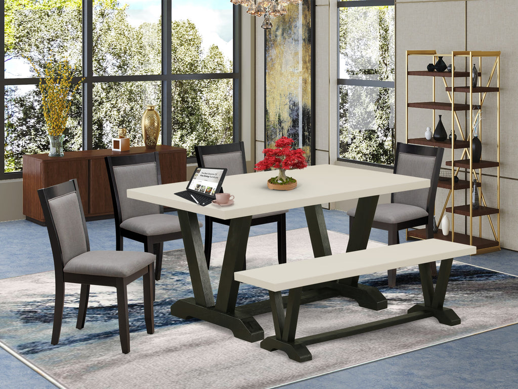 V626MZ150-6 6Pc Dining Set - 36x60" Rectangular Table, 4 Parson Chairs and a Bench - Wirebrushed Black & Linen White Color