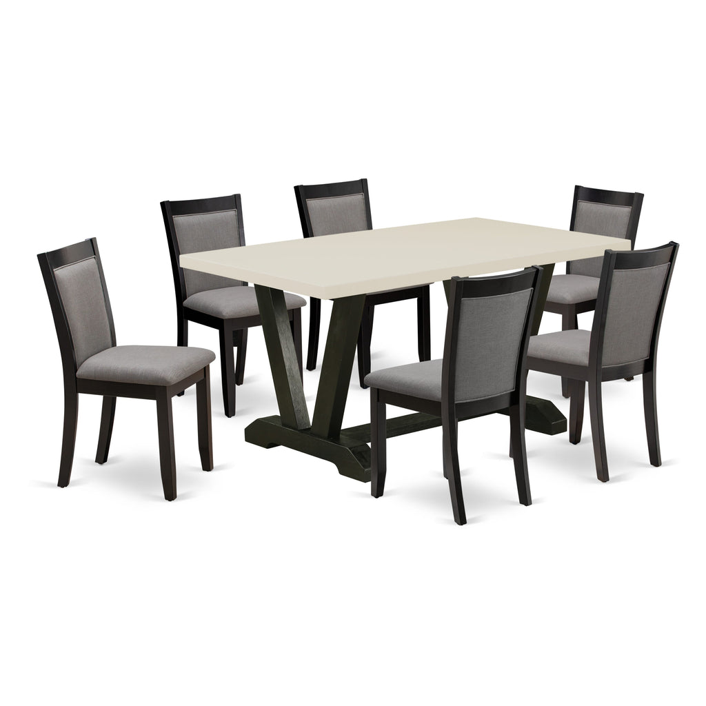 V626MZ150-7 7Pc Dining Room Set - 36x60" Rectangular Table and 6 Parson Dining Chairs - Wirebrushed Black & Linen White Color