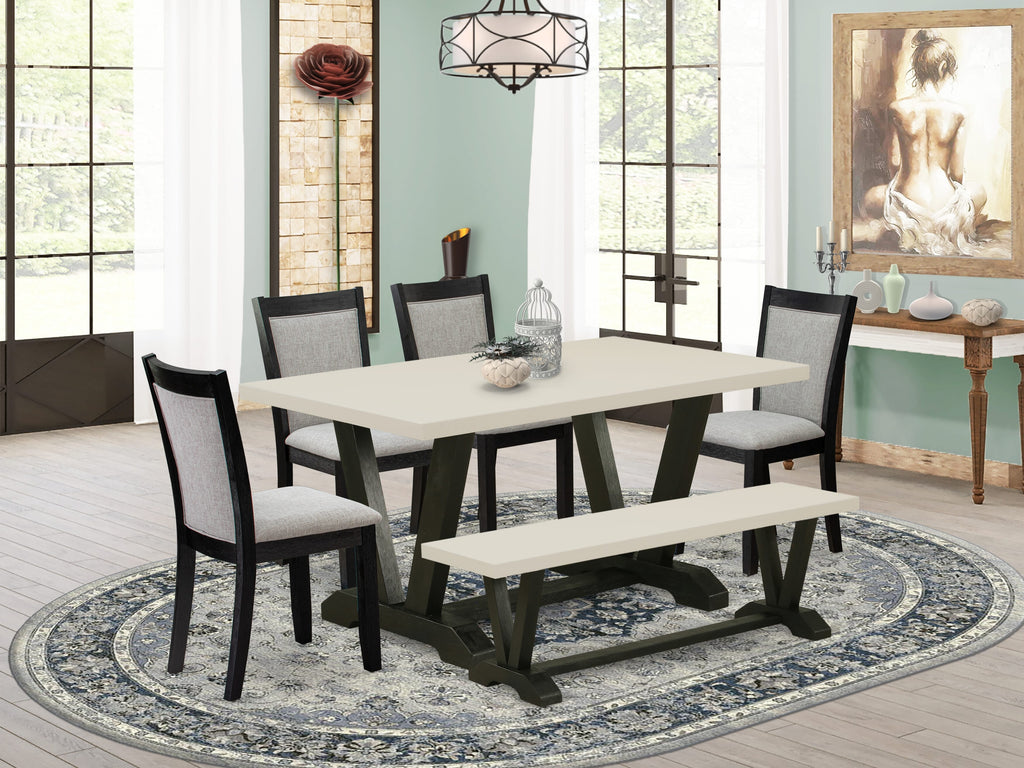 East West Furniture V626MZ606-6 6 Piece Kitchen Table Set Contains a Rectangle Dining Table with V-Legs and 4 Shitake Linen Fabric Parson Chairs with a Bench, 36x60 Inch, Multi-Color