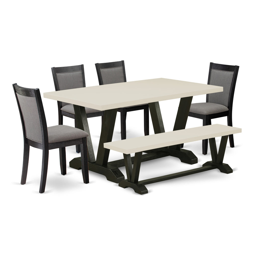 East West Furniture V626MZ650-6 6 Piece Kitchen Table Set Contains a Rectangle Dining Table and 4 Dark Gotham Grey Linen Fabric Parson Chairs with a Bench, 36x60 Inch, Multi-Color