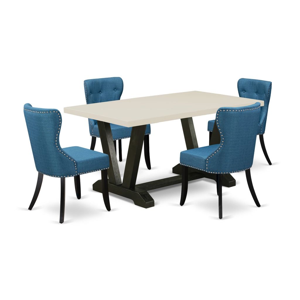 East West Furniture V626SI121-5 5-Piece Modern Dining Set- 4 Parson Chairs with Blue Linen Fabric Seat and Button Tufted Chair Back - Rectangular Table Top & Wooden Legs - Linen White and Black Finish