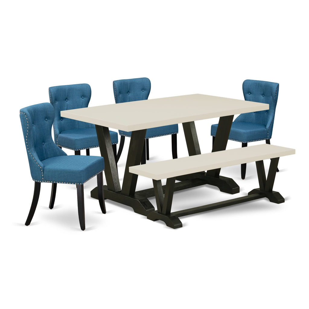 East West Furniture V626SI121-6 6-Piece Dining Room Set- 4 Upholstered Dining Chairs with Blue Linen Fabric Seat and Button Tufted Chair Back - Rectangular Top & Wooden Legs Kitchen Dining Table and Dining Room Bench - Linen White and Black Finish