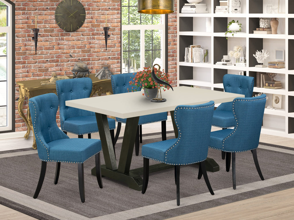 East West Furniture V626SI121-7 7-Pc Kitchen Dining Set- 6 Upholstered Dining Chairs with Blue Linen Fabric Seat and Button Tufted Chair Back - Rectangular Table Top & Wooden Legs - Linen White and Black Finish