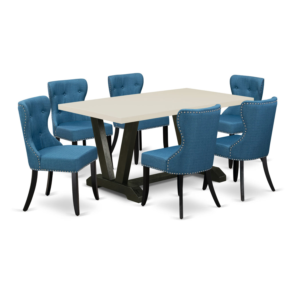 East West Furniture V626SI121-7 7-Pc Kitchen Dining Set- 6 Upholstered Dining Chairs with Blue Linen Fabric Seat and Button Tufted Chair Back - Rectangular Table Top & Wooden Legs - Linen White and Black Finish