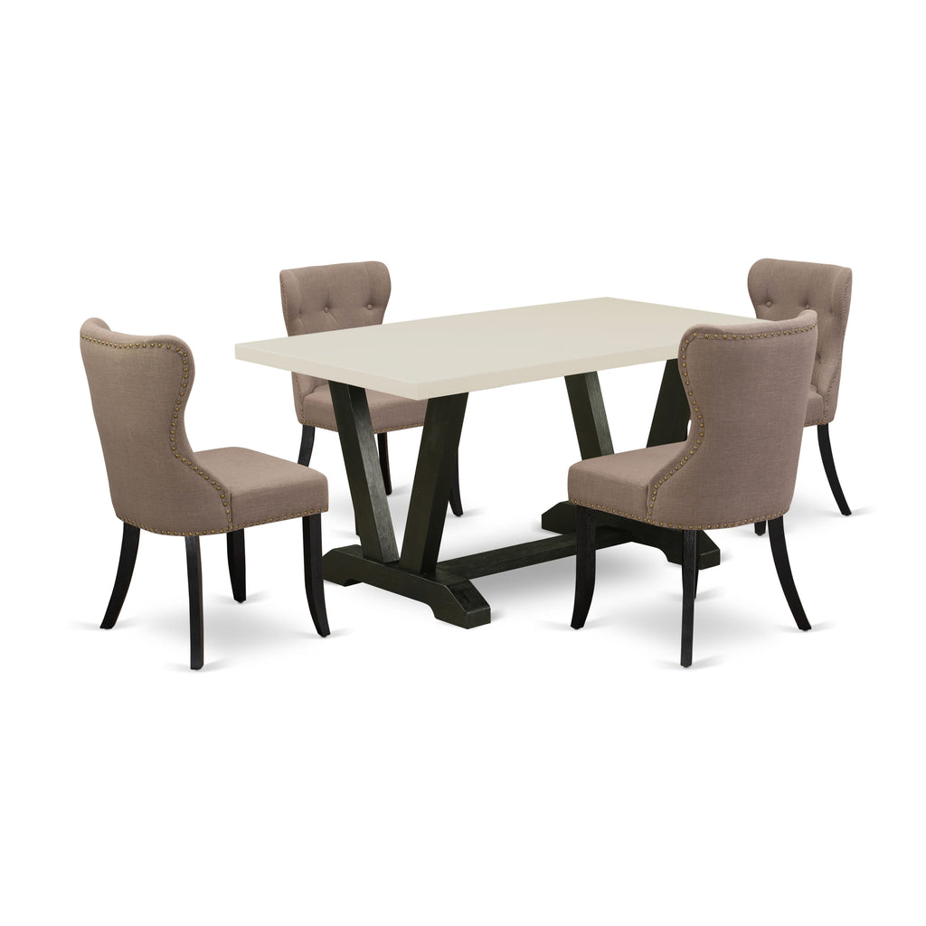 East West Furniture V626SI648-5 5-Piece Dining Table Set - Coffee Linen Fabric Seat and Button Tufted Back Dining Chairs and Rectangular Top Modern Dining Table with Wooden Legs - Linen White and Wirebrushed Black Finish