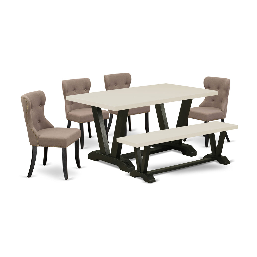 East West Furniture V626SI648-6 6-Pc Dinette Set-Coffee Linen Fabric Seat and Button Tufted Back Dining Chairs- Wooden Dining Bench and Rectangular Table Top with Hardwood Legs - Linen White & Wirebrushed Black