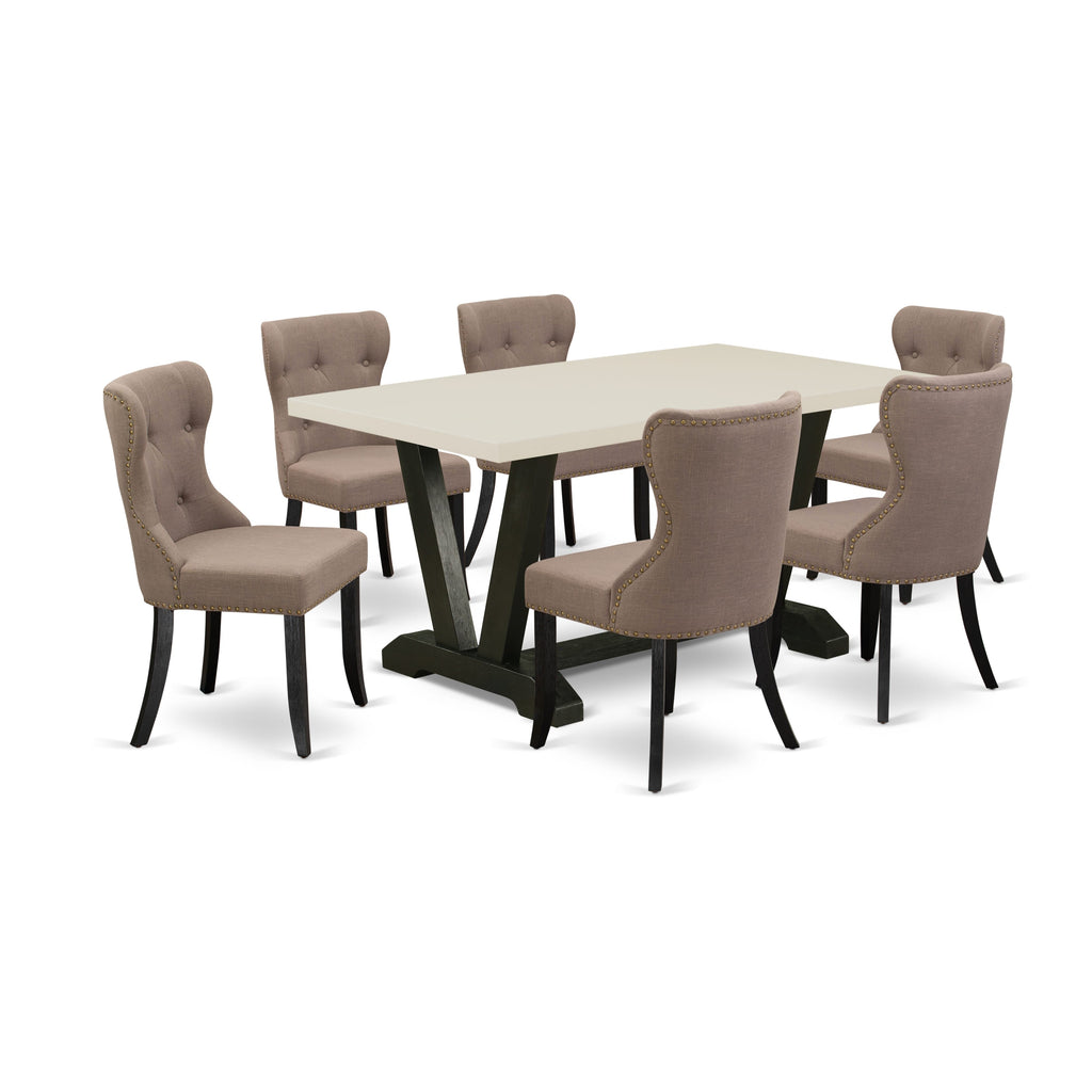East West Furniture V626SI648-7 7-Pc Mid Century Dining Table Set-Coffee Linen Fabric Seat and Button Tufted Back Kitchen Chairs and Rectangular Top Dining Room Table with Solid Wood Legs - Linen White and Wirebrushed Black Finish