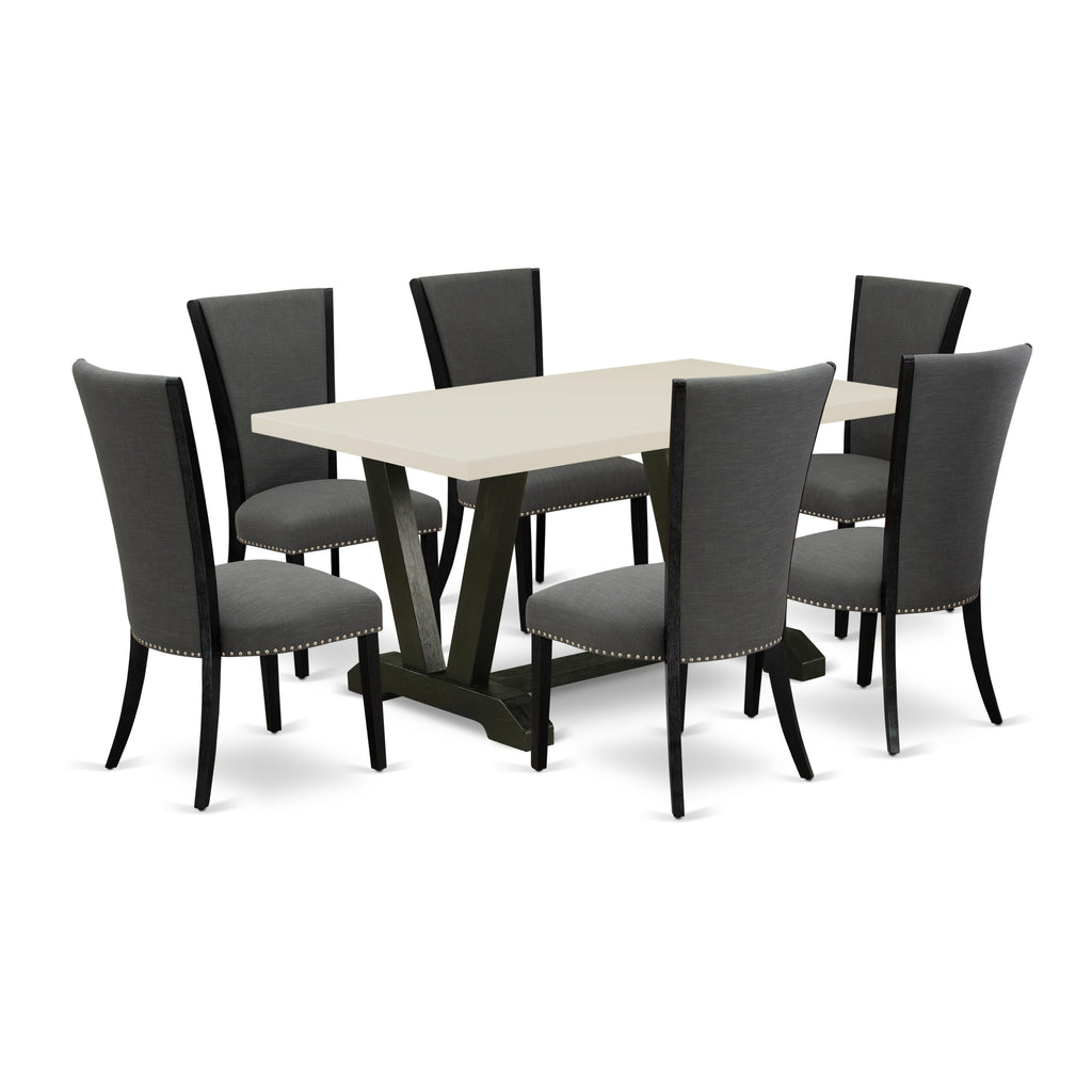 V626VE650-7 7Pc Dining Set - 36x60" Rectangular Table and 6 Parson Chairs - Wirebrushed Black & Linen White Color