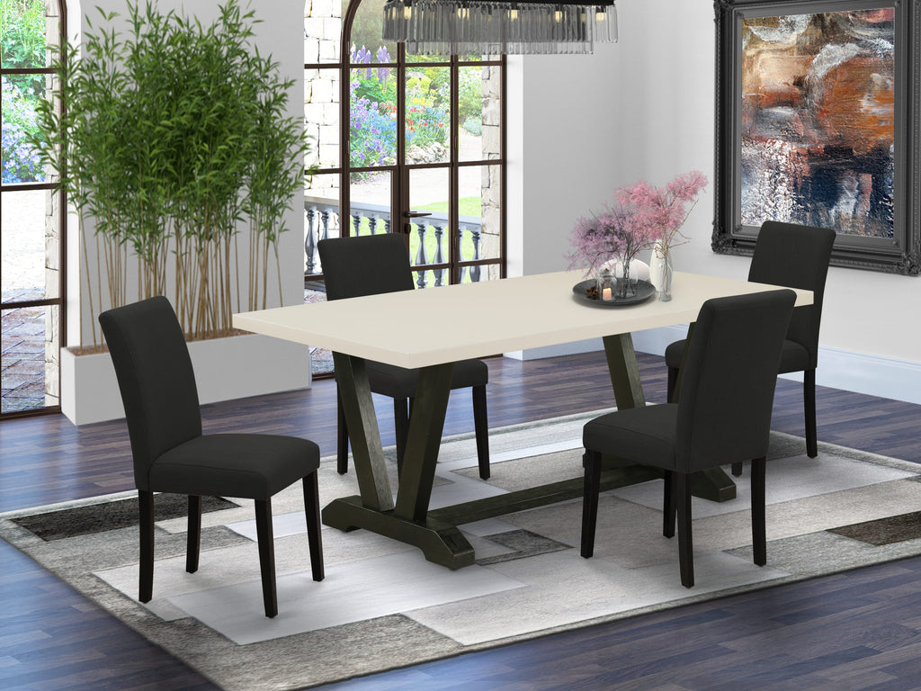 East West Furniture V627AB624-5 5 Piece Dining Set Includes a Rectangle Dining Room Table with V-Legs and 4 Black Color Linen Fabric Upholstered Parson Chairs, 40x72 Inch, Multi-Color