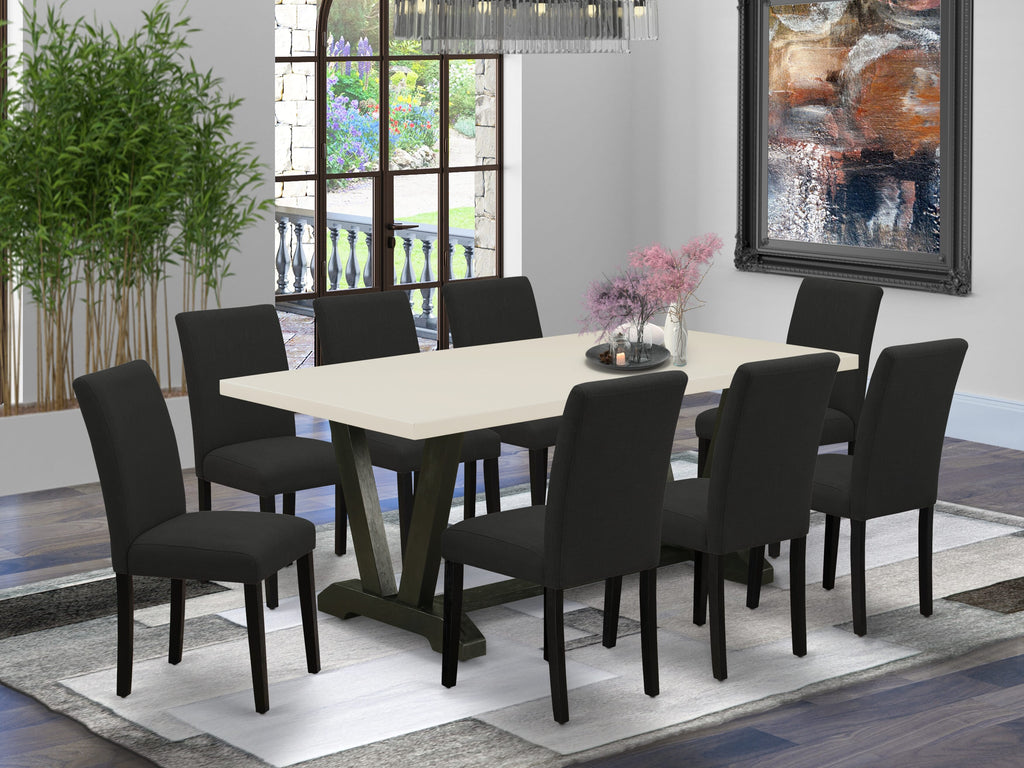 East West Furniture V627AB624-9 9 Piece Dining Table Set Includes a Rectangle Dining Room Table with V-Legs and 8 Black Color Linen Fabric Parsons Chairs, 40x72 Inch, Multi-Color