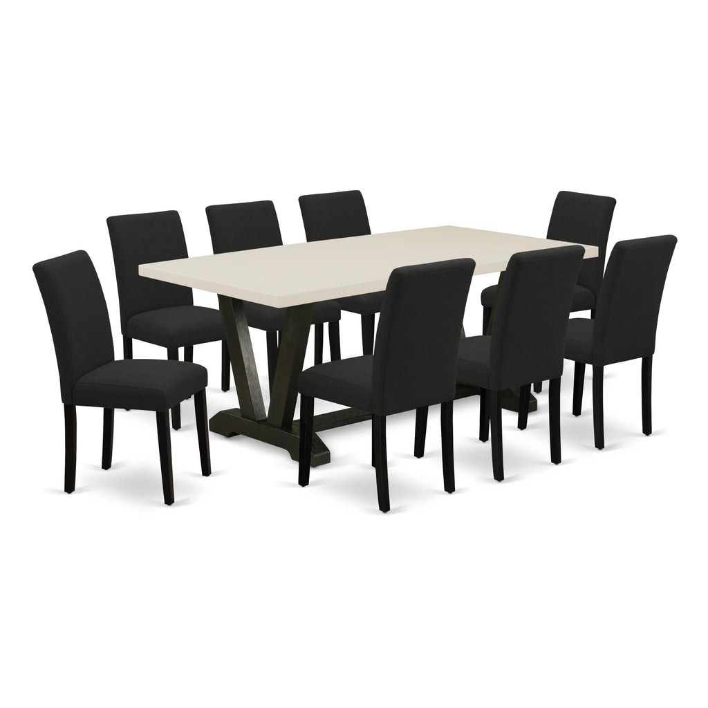 East West Furniture V627AB624-9 9 Piece Dining Table Set Includes a Rectangle Dining Room Table with V-Legs and 8 Black Color Linen Fabric Parsons Chairs, 40x72 Inch, Multi-Color