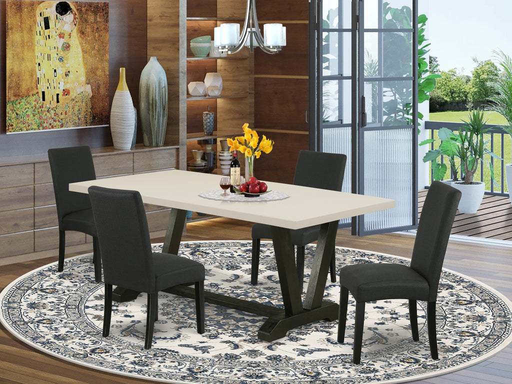 East West Furniture V627DR124-5 5 Piece Dining Room Table Set Includes a Rectangle Kitchen Table with V-Legs and 4 Black Color Linen Fabric Parson Dining Chairs, 40x72 Inch, Multi-Color