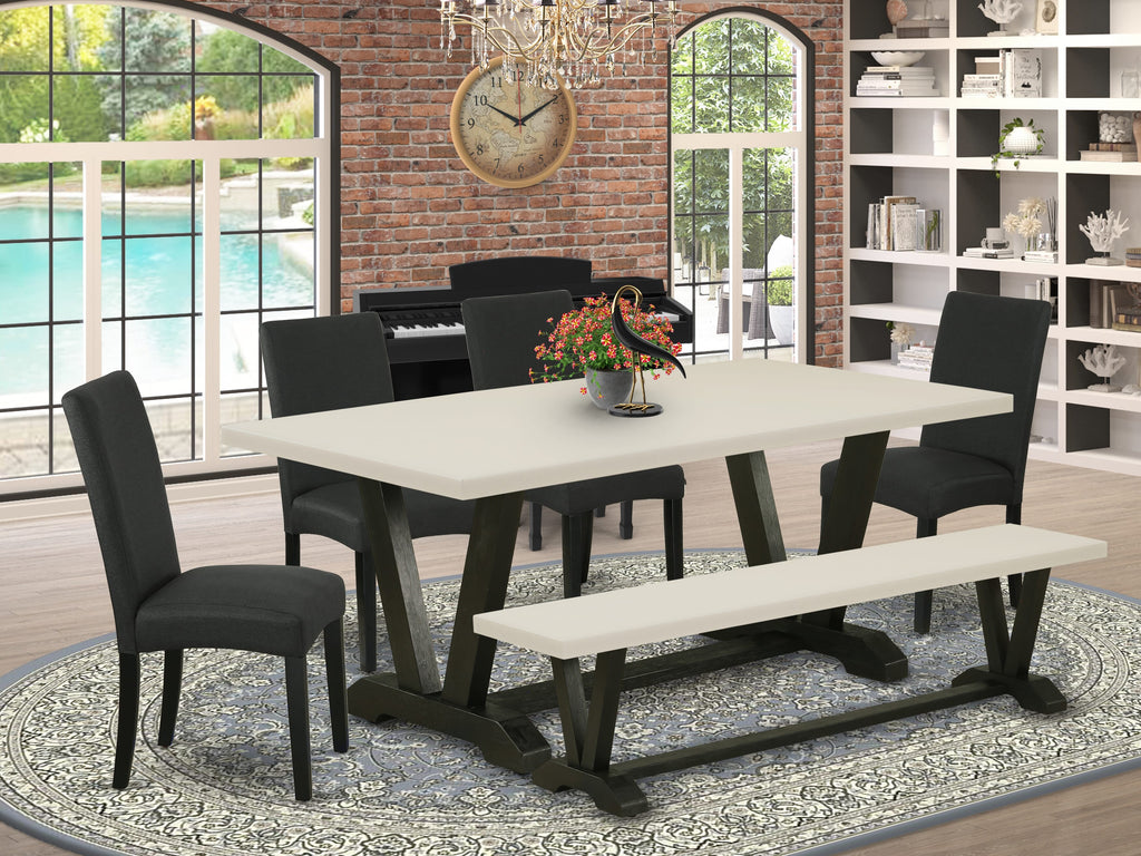 East West Furniture V627DR124-6 6 Piece Dinette Set Contains a Rectangle Dining Table with V-Legs and 4 Black Color Linen Fabric Parson Chairs with a Bench, 40x72 Inch, Multi-Color