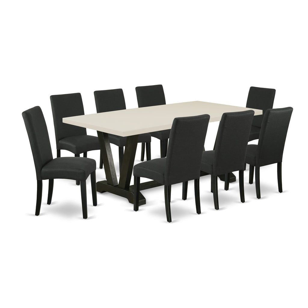 East West Furniture V627DR124-9 9 Piece Dining Set Includes a Rectangle Dining Room Table with V-Legs and 8 Black Color Linen Fabric Upholstered Parson Chairs, 40x72 Inch, Multi-Color