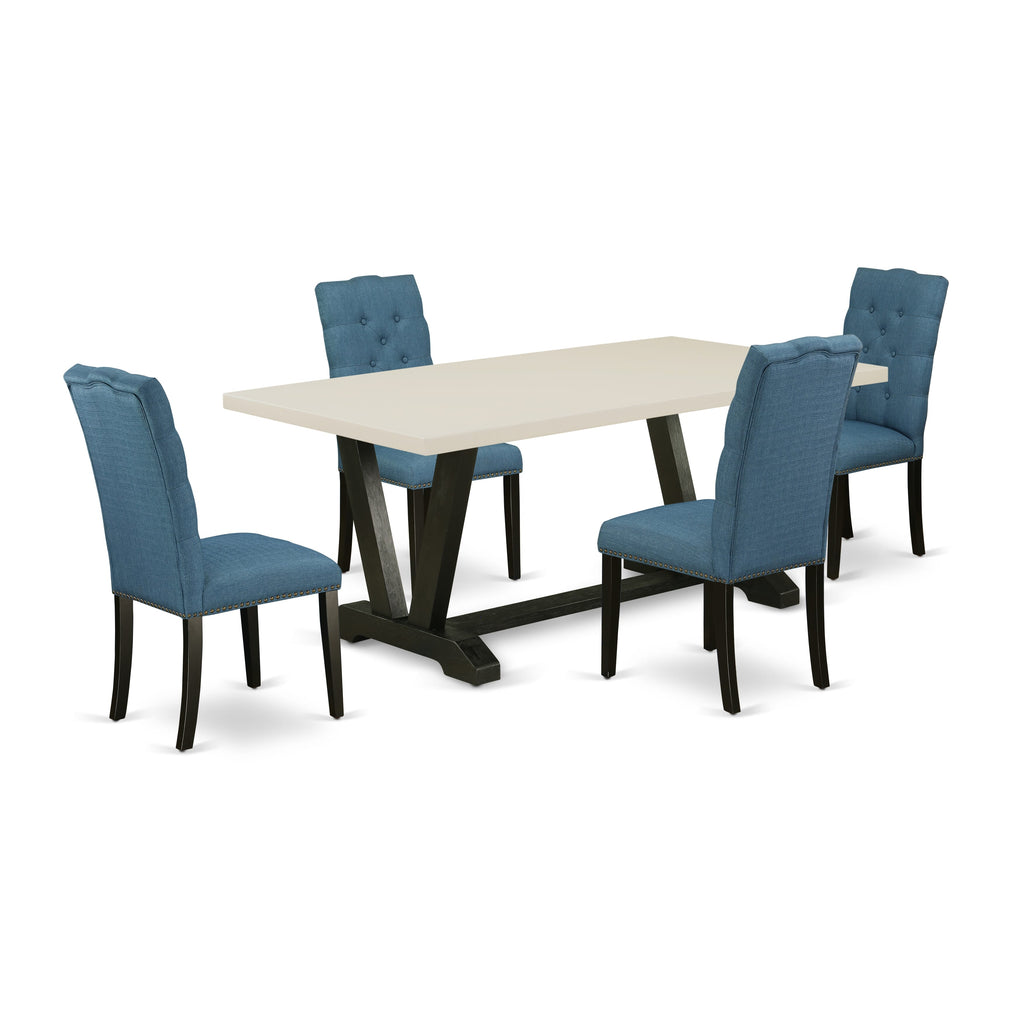 East West Furniture V627EL121-5 5 Piece Kitchen Table Set for 4 Includes a Rectangle Dining Room Table with V-Legs and 4 Blue Linen Fabric Upholstered Chairs, 40x72 Inch, Multi-Color