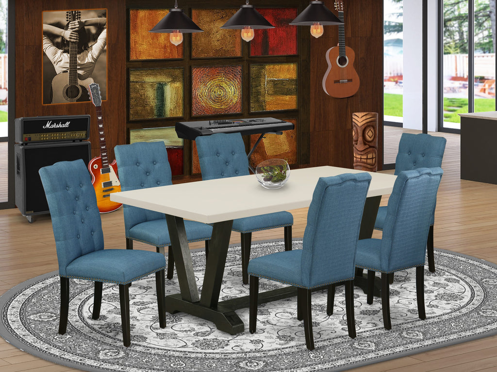 East West Furniture V627EL121-7 7 Piece Modern Dining Table Set Consist of a Rectangle Wooden Table with V-Legs and 6 Blue Linen Fabric Upholstered Chairs, 40x72 Inch, Multi-Color