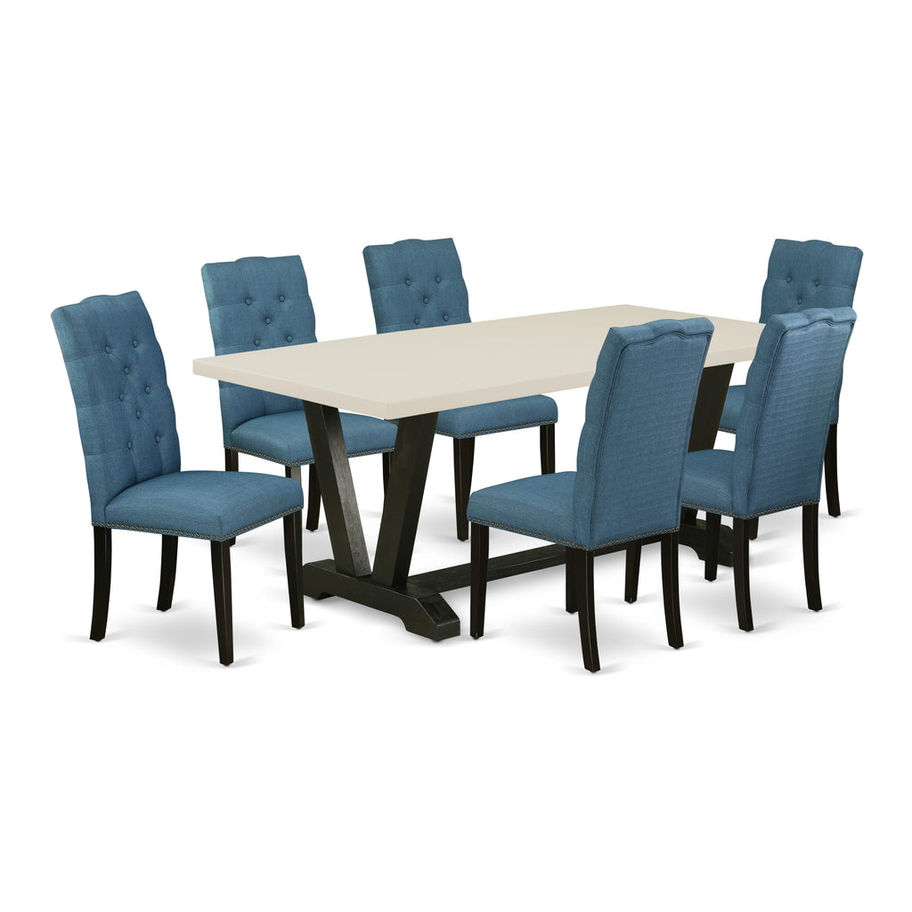 East West Furniture V627EL121-7 7 Piece Modern Dining Table Set Consist of a Rectangle Wooden Table with V-Legs and 6 Blue Linen Fabric Upholstered Chairs, 40x72 Inch, Multi-Color