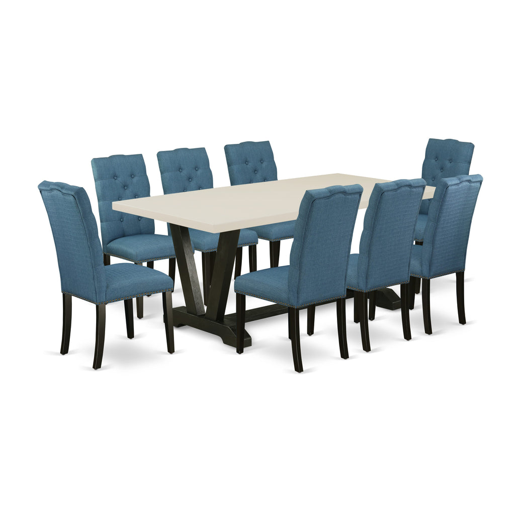 East West Furniture V627EL121-9 9 Piece Dining Table Set Includes a Rectangle Dining Room Table with V-Legs and 8 Blue Linen Fabric Upholstered Parson Chairs, 40x72 Inch, Multi-Color