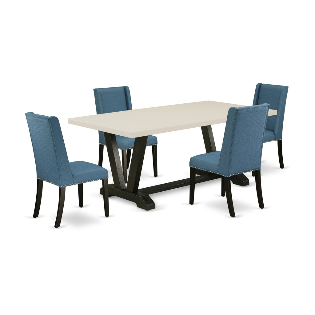 East West Furniture V627FL121-5 5 Piece Dining Table Set for 4 Includes a Rectangle Kitchen Table with V-Legs and 4 Blue Linen Fabric Upholstered Chairs, 40x72 Inch, Multi-Color