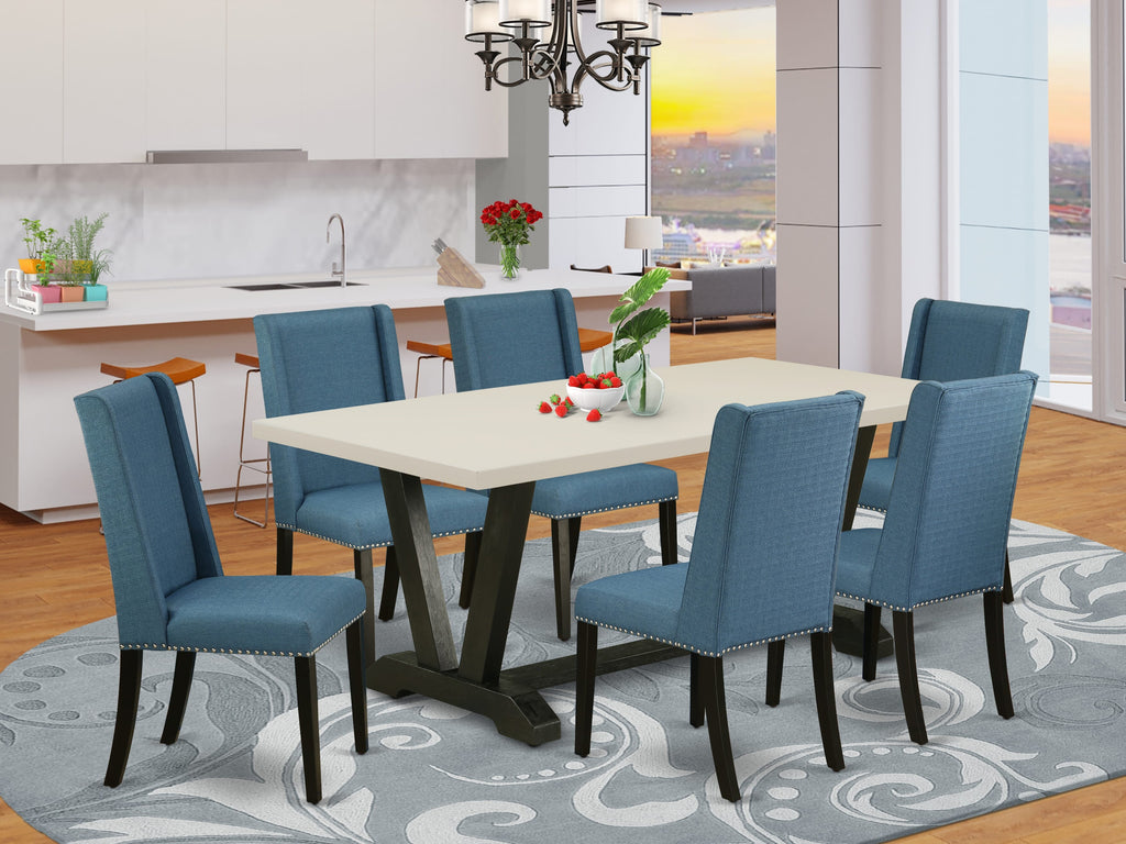 East West Furniture V627FL121-7 7 Piece Kitchen Table & Chairs Set Consist of a Rectangle Dining Room Table with V-Legs and 6 Blue Linen Fabric Parsons Chairs, 40x72 Inch, Multi-Color