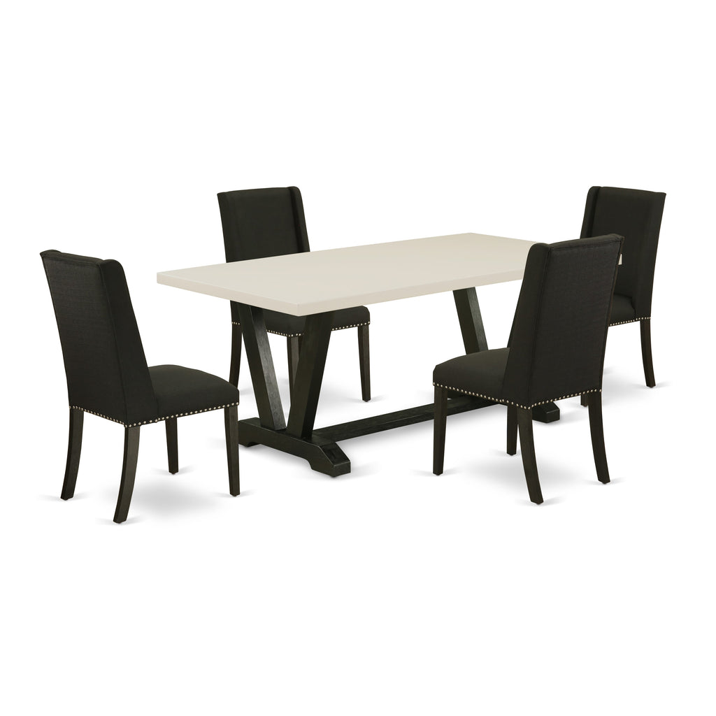 East West Furniture V627FL624-5 5 Piece Kitchen Table & Chairs Set Includes a Rectangle Dining Room Table with V-Legs and 4 Black Linen Fabric Upholstered Chairs, 40x72 Inch, Multi-Color