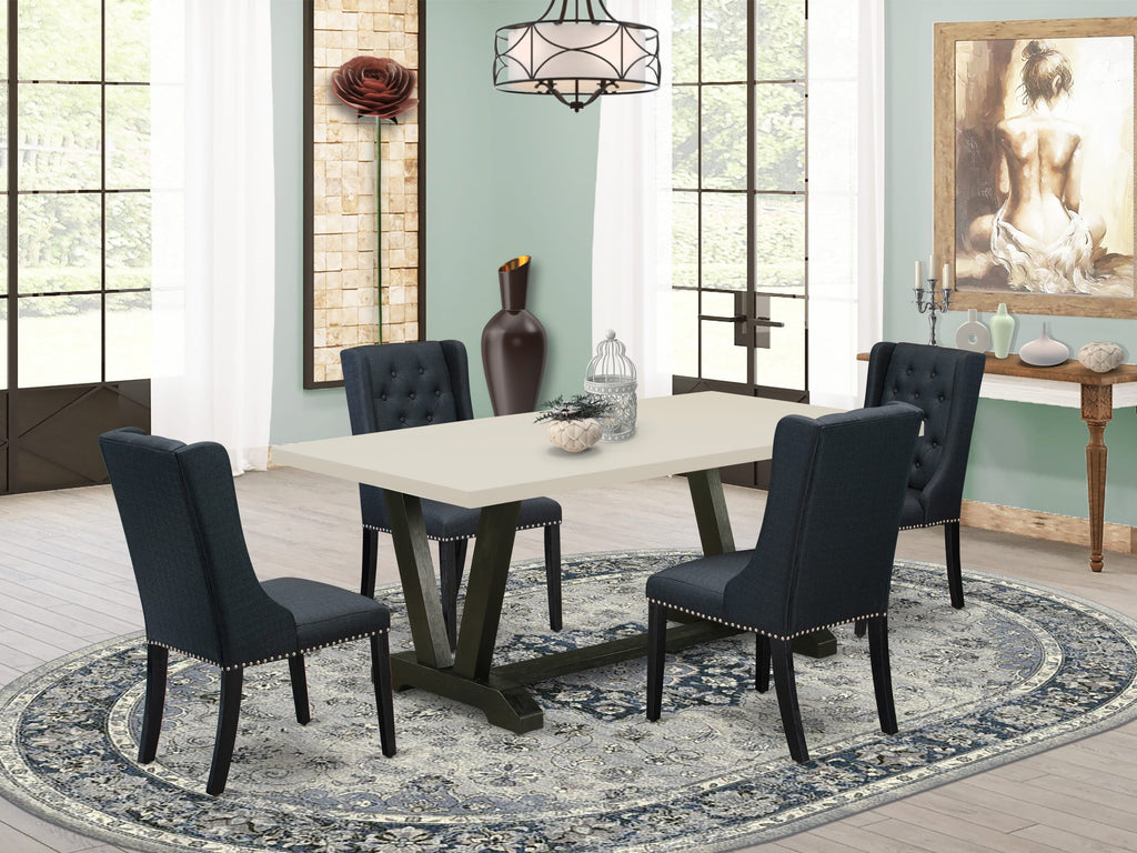 East West Furniture V627FO624-5 5 Pc Dining Set Consists of 4 Black Linen Fabric Parson Chairs Button Tufted with Nail heads and Modern Dining Table - Wire Brush Black Finish