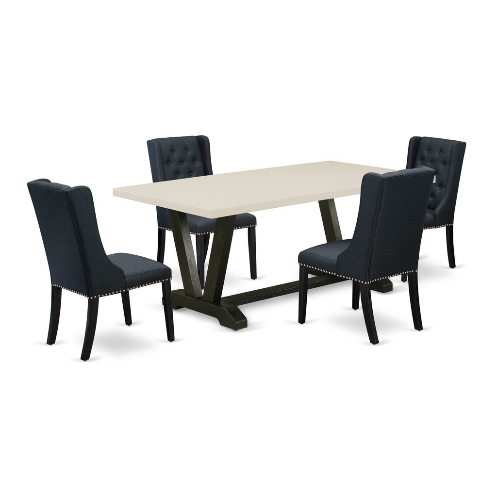 East West Furniture V627FO624-5 5 Pc Dining Set Consists of 4 Black Linen Fabric Parson Chairs Button Tufted with Nail heads and Modern Dining Table - Wire Brush Black Finish