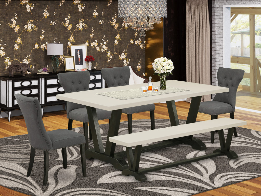 East West Furniture V627GA650-6 6 Piece Dining Table Set Contains a Rectangle Kitchen Table with V-Legs and 4 Dark Gotham Linen Fabric Parson Chairs with a Bench, 40x72 Inch, Multi-Color