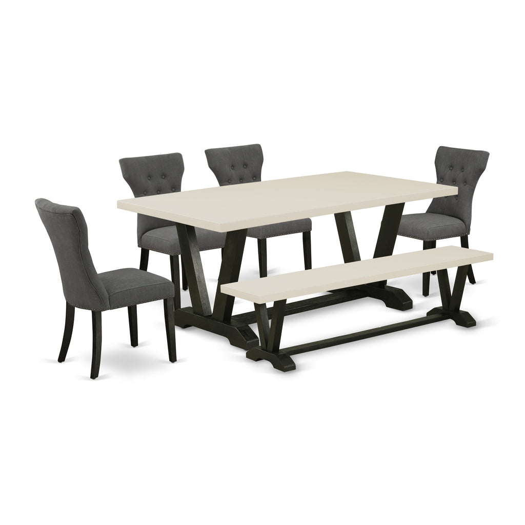 East West Furniture V627GA650-6 6 Piece Dining Table Set Contains a Rectangle Kitchen Table with V-Legs and 4 Dark Gotham Linen Fabric Parson Chairs with a Bench, 40x72 Inch, Multi-Color