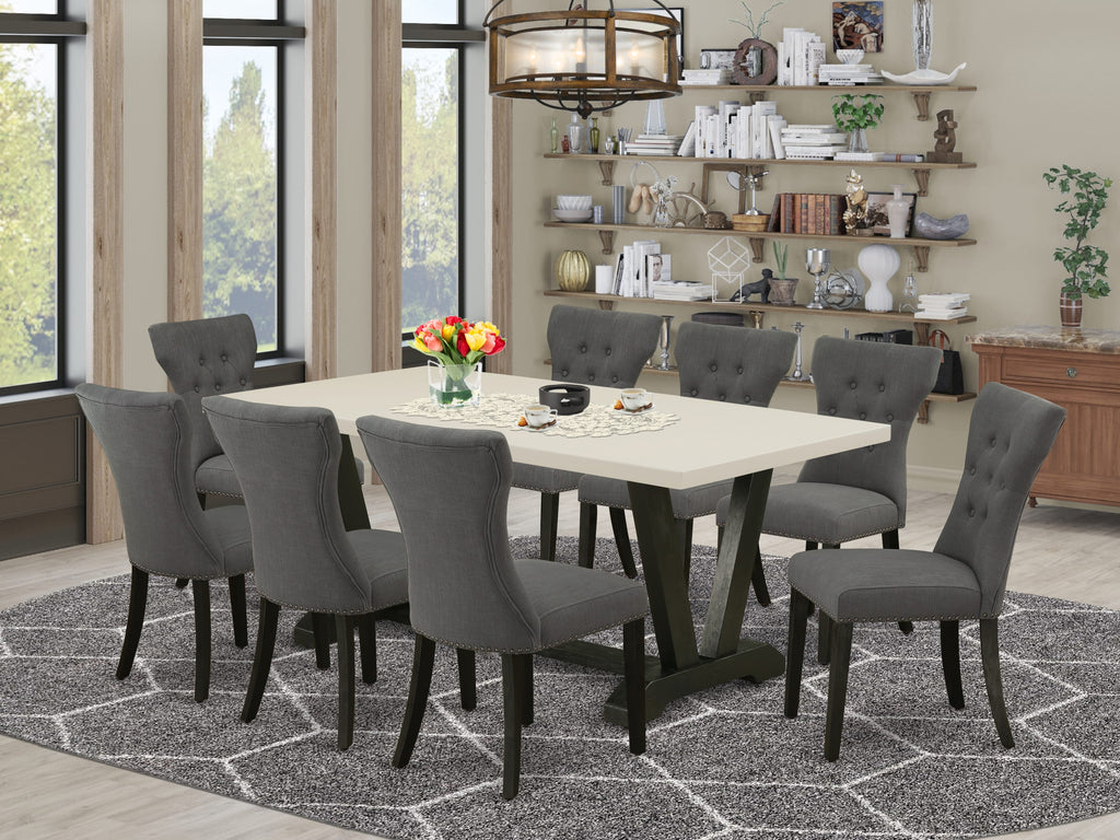 East West Furniture V627GA650-9 9 Piece Dining Table Set Includes a Rectangle Dining Room Table with V-Legs and 8 Dark Gotham Linen Fabric Parsons Chairs, 40x72 Inch, Multi-Color