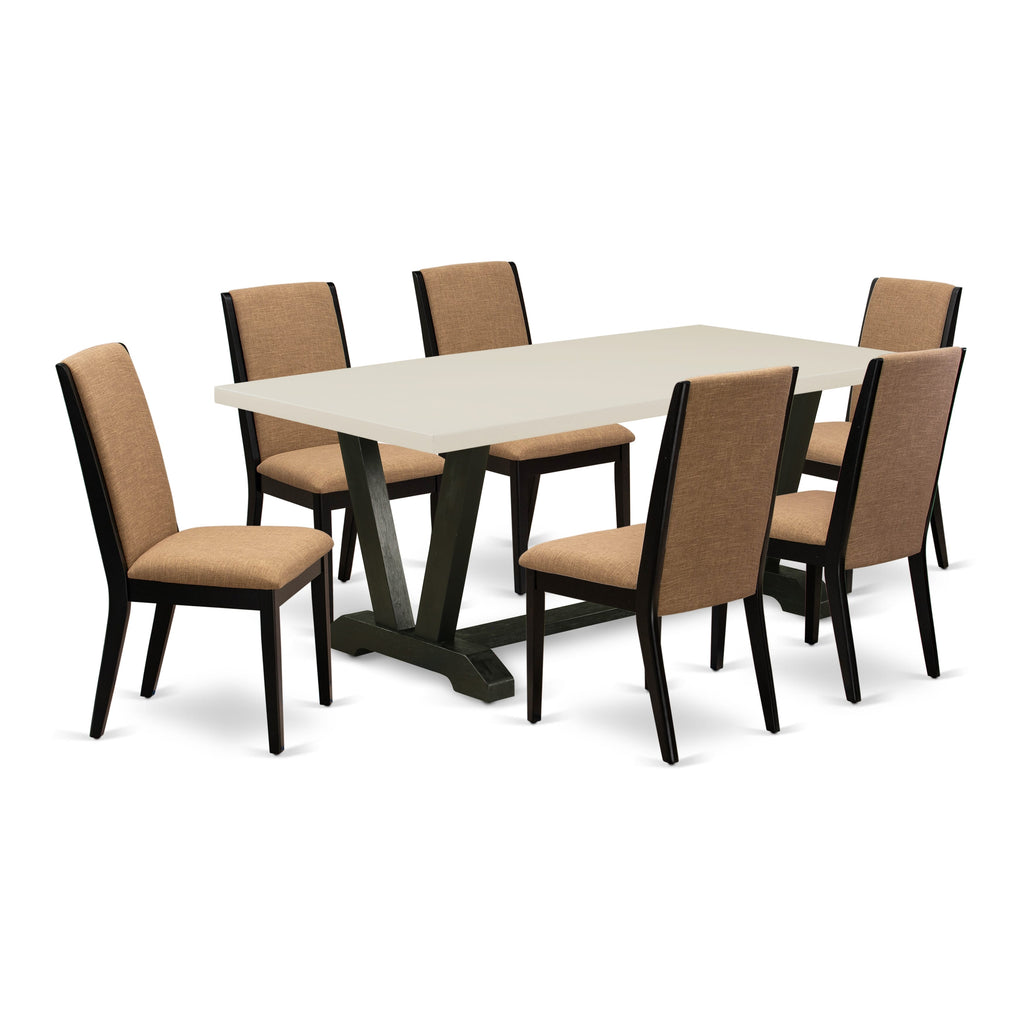 East West Furniture V627LA147-7 7 Piece Modern Dining Table Set Consist of a Rectangle Wooden Table with V-Legs and 6 Light Sable Linen Fabric Upholstered Chairs, 40x72 Inch, Multi-Color