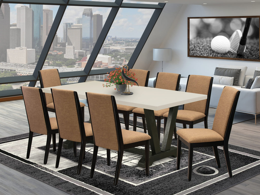 East West Furniture V627LA147-9 9 Piece Dining Table Set Includes a Rectangle Kitchen Table with V-Legs and 8 Light Sable Linen Fabric Parson Dining Room Chairs, 40x72 Inch, Multi-Color