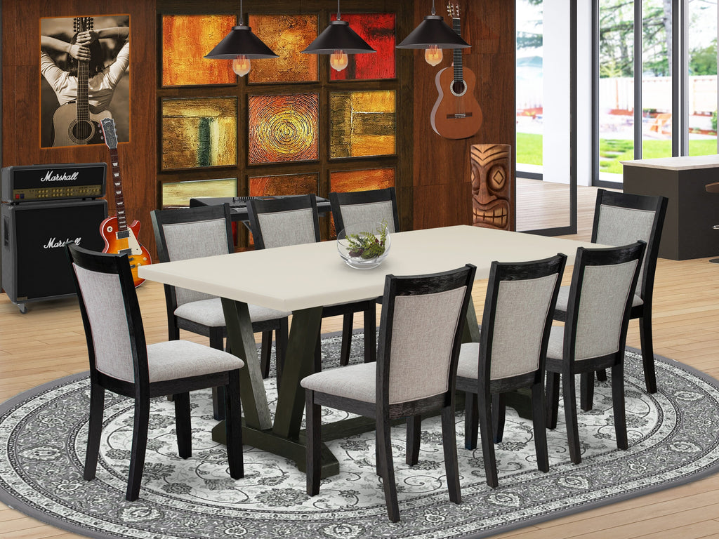 East West Furniture V627MZ606-9 9 Piece Dining Room Table Set Includes a Rectangle Dining Table with V-Legs and 8 Shitake Linen Fabric Upholstered Parson Chairs, 40x72 Inch, Multi-Color