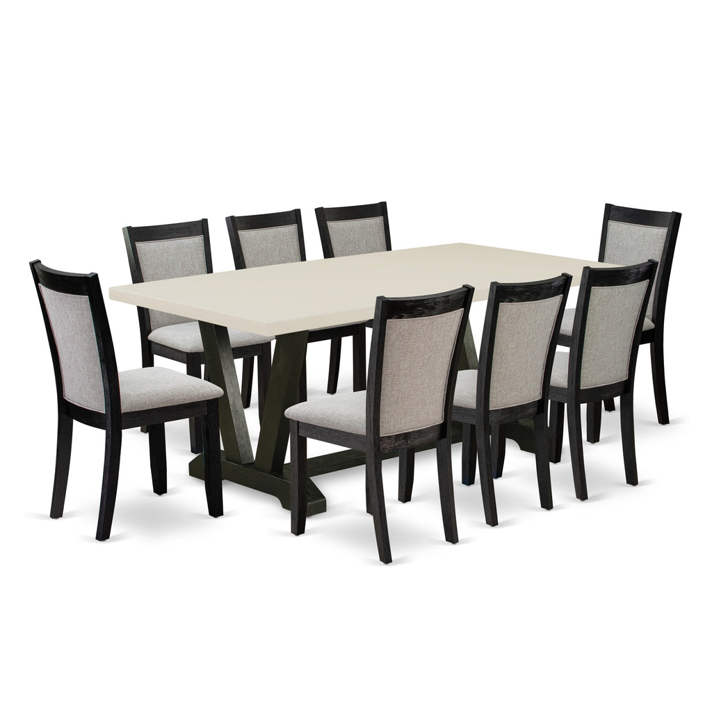 East West Furniture V627MZ606-9 9 Piece Dining Room Table Set Includes a Rectangle Dining Table with V-Legs and 8 Shitake Linen Fabric Upholstered Parson Chairs, 40x72 Inch, Multi-Color